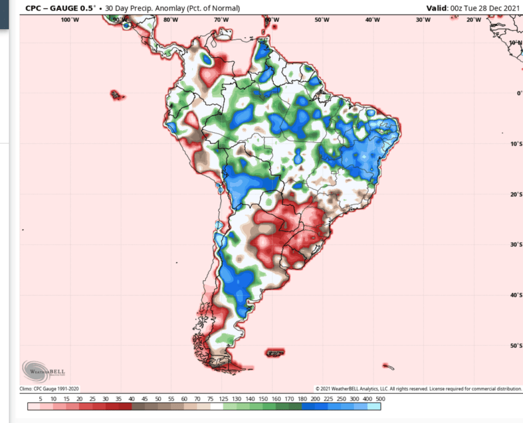 Percentage of normal rainfall in South America in the last 30-40 days. Either drought or floods.