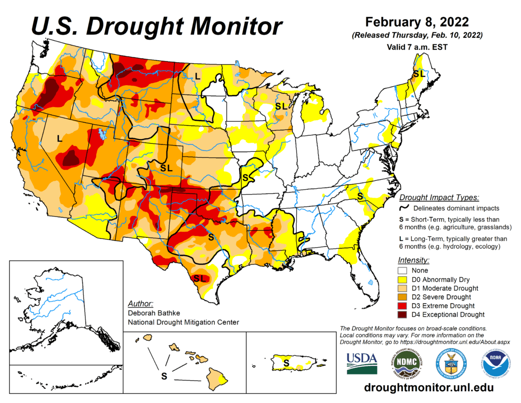 Current drought map for the western United States. This can impact corn and soybeans this summer, too.