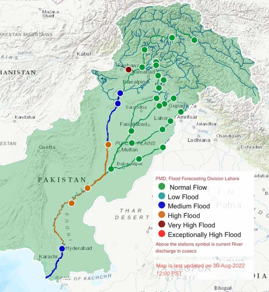 Map of Indus River flooding in Pakistan.