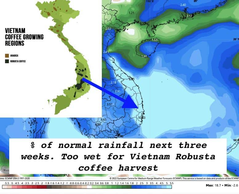 Percent of rainfall next three weeks for coffee areas in Vietnam
